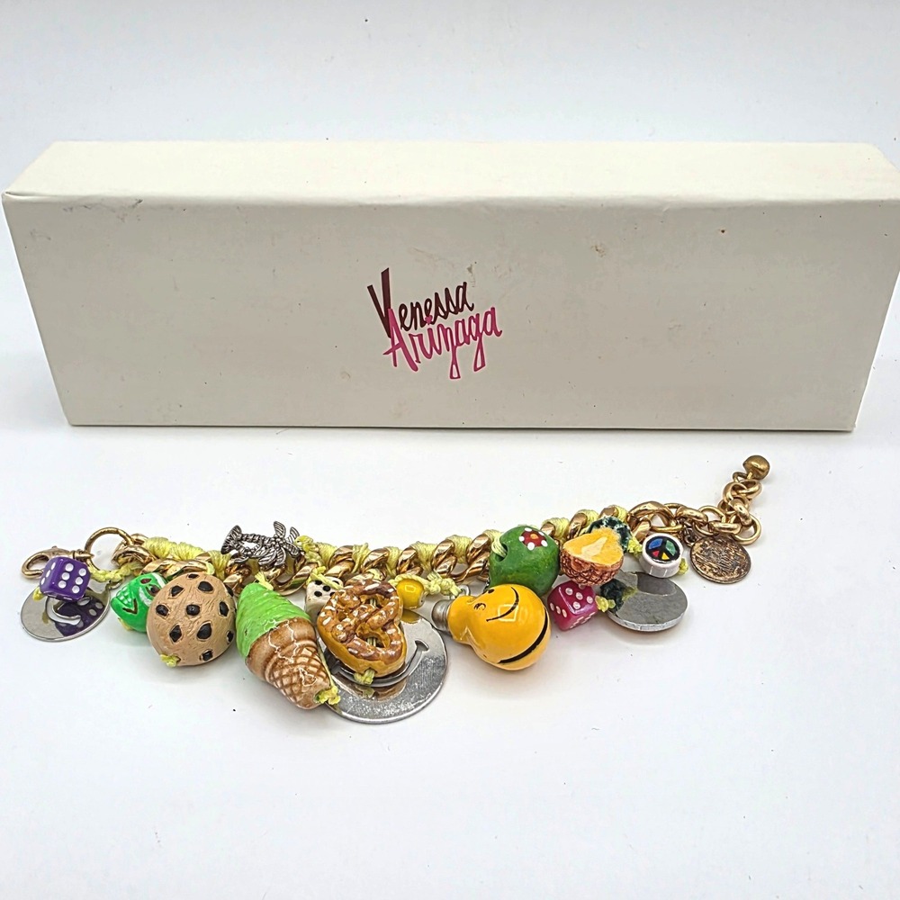 Venessa Arizaga Women Gold Tone Neon Yellow Food & Fun Mixed Charm Bracelet‎ Box